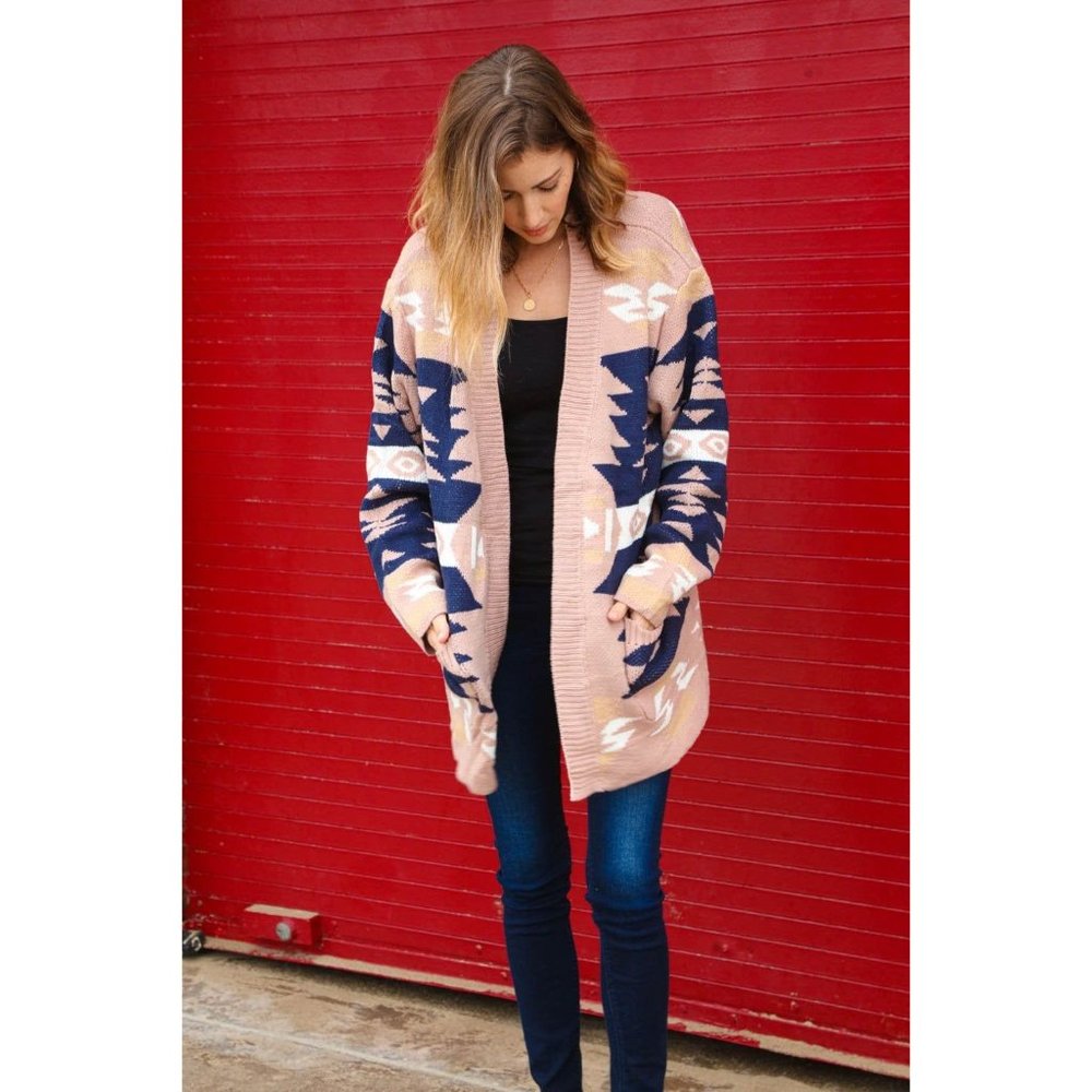 Aztec Tribal Print Open Cardigan with Pockets - Picture 6 of 7